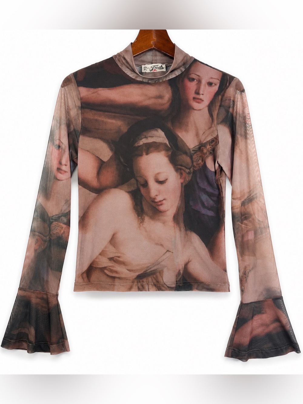 She’s So Fresh Renaissance Art Mesh Bell Sleeve Mock Neck Top M